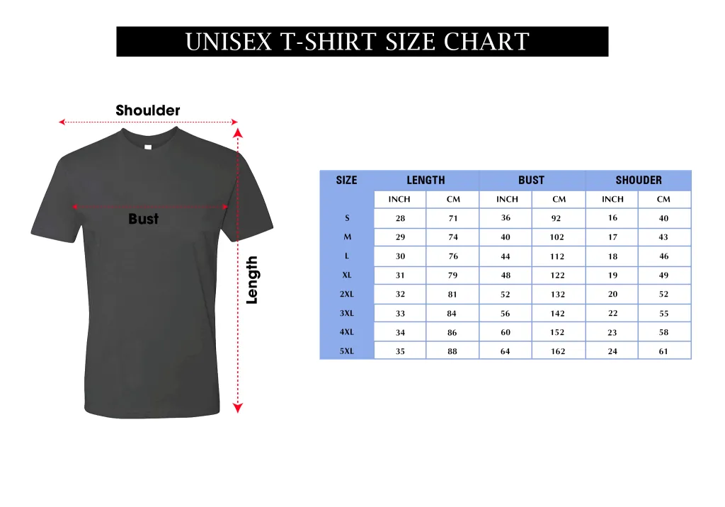 Unisex T Shirt Size Chart