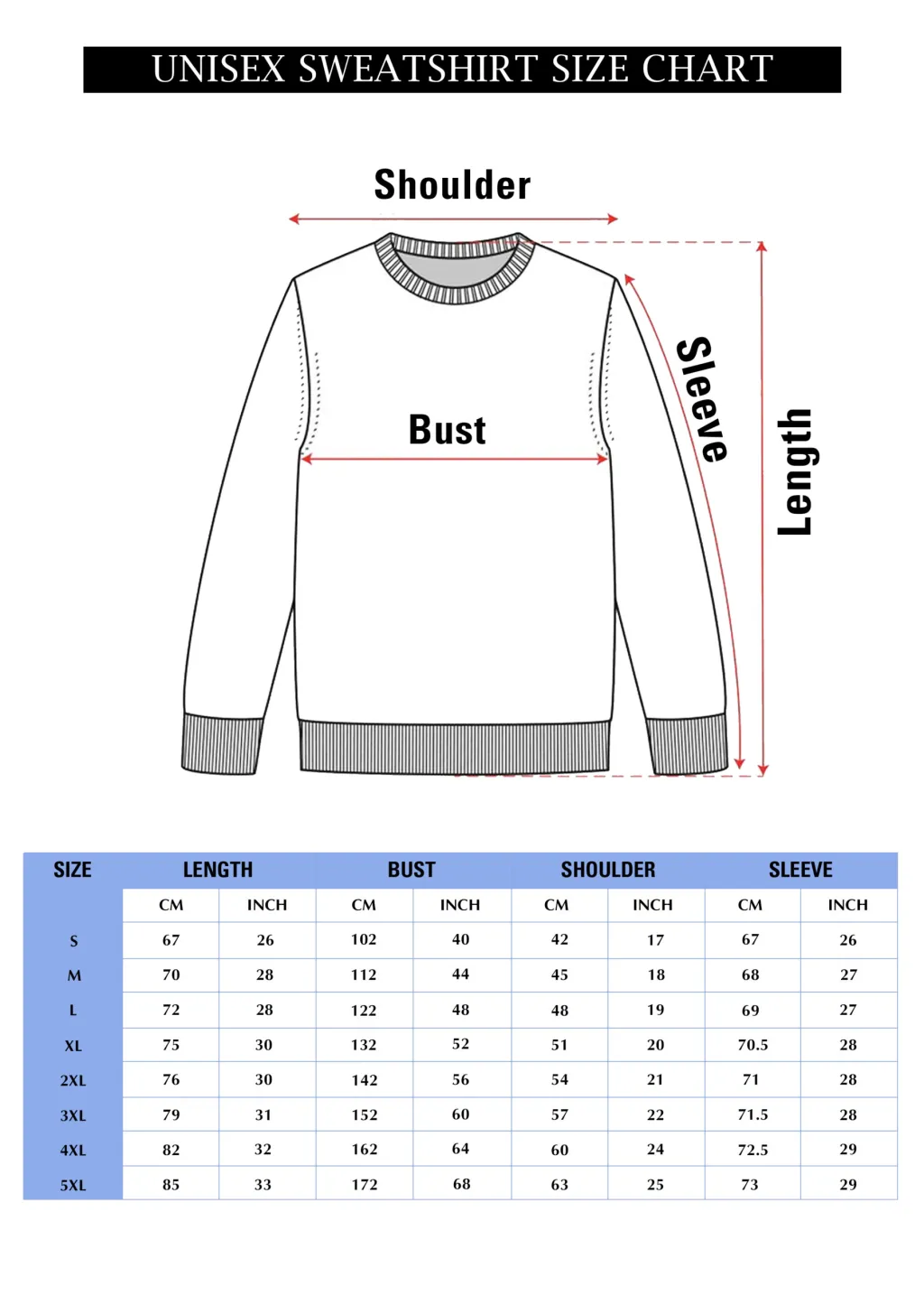 Unisex Sweatshirt Size Chart Scaled